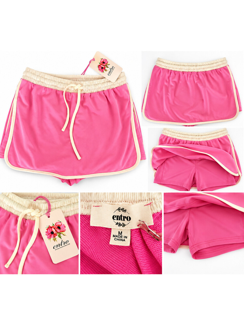 Entro Women’s Pink Skort Size M Cream Trim Built In Shorts Drawstring NWT